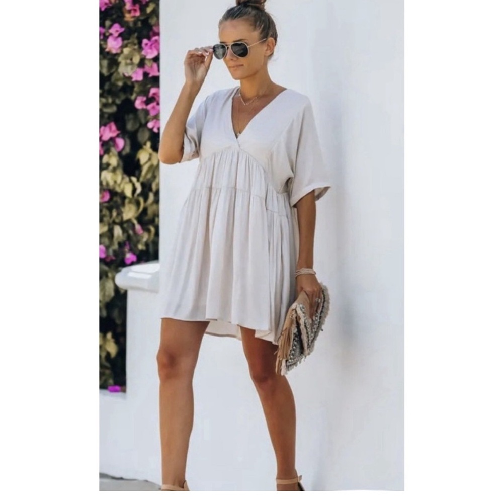 VICI Chic Cream V-Neck Babydoll Dress